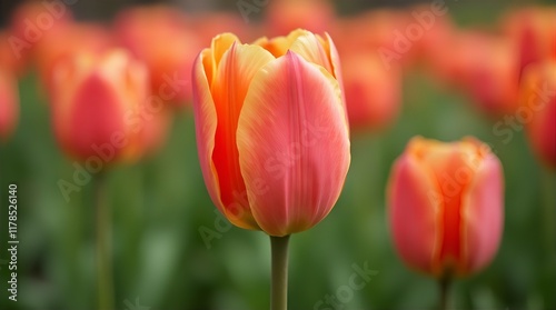 A single, vibrant orange-pink tulip in sharp focus, surrounded by a bokeh of similar blossoms in a lush green field, bathed in soft, natural light.