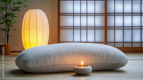 Serene Spa Setting Linen Zabuton Cushion Candlelight and Japanese Shoji Screen photo