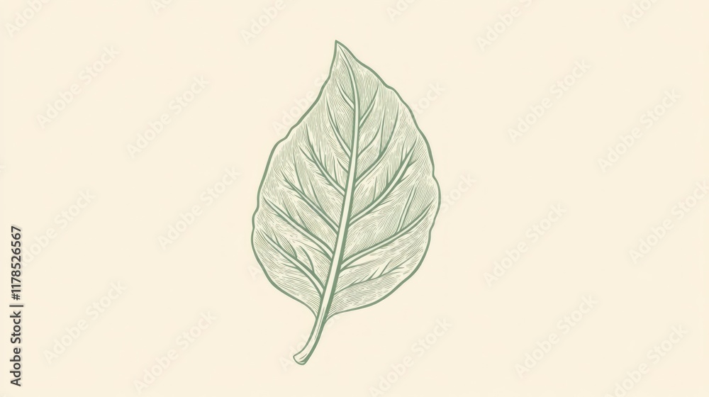 Obraz premium Detailed illustration of a single, light green leaf with prominent veins, isolated on a beige background.