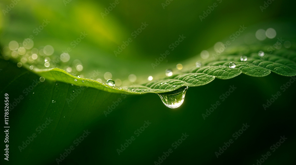 A drop of water drips off a leaf. Water drops on green leaf. A drop of water drips off a leaf. Water drops on green leaf.