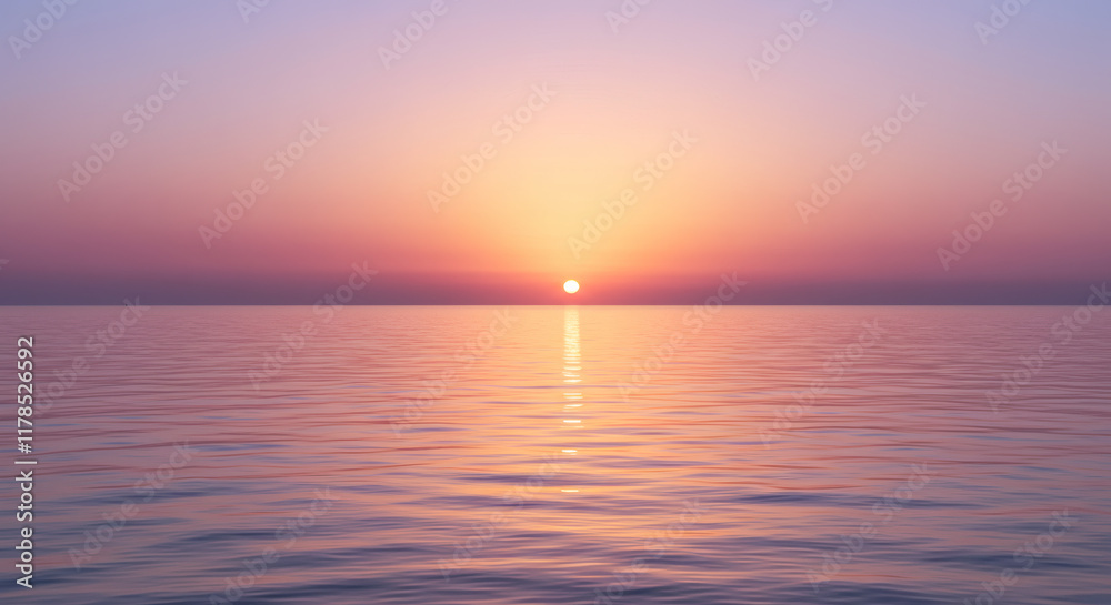 Fototapeta premium Serene Sunset over Calm Ocean Waters Peaceful Pink and Orange Hues at Dawn