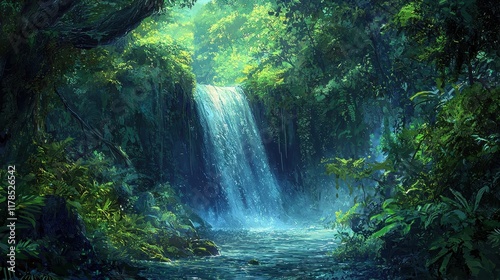 Tranquil Waterfall in a Dense Forest
