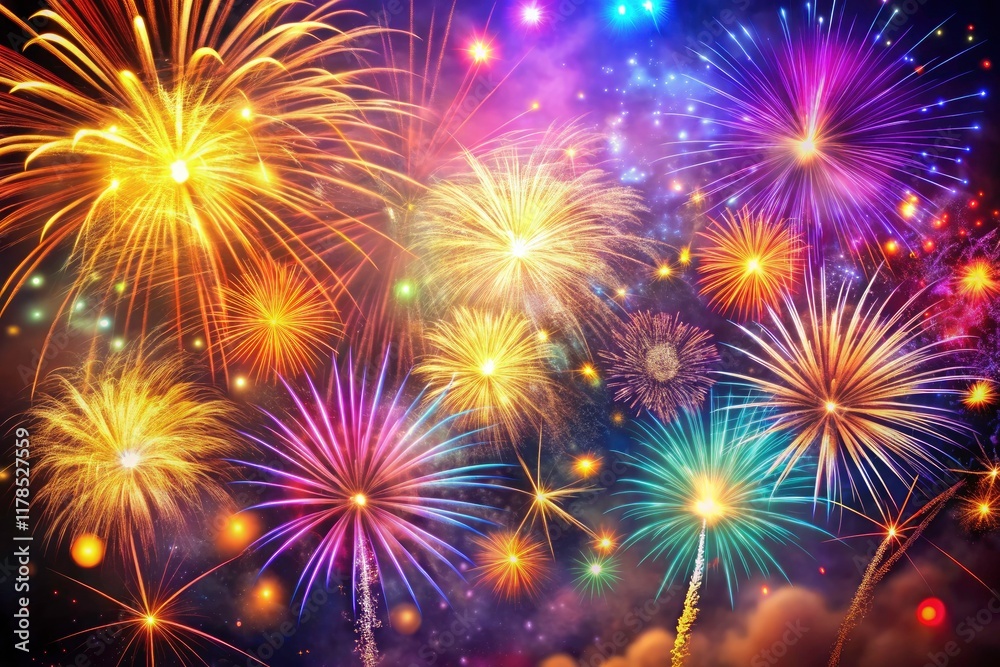 Naklejka premium New Year Fireworks Background, Colorful Abstract Festive Holiday Design, Low Light Photography, Text Space