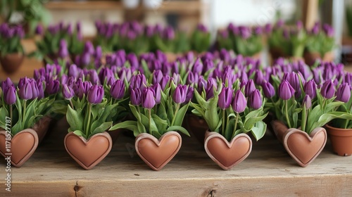 Wallpaper Mural Artistic display of purple tulips in unique heart-shaped pots, arranged neatly on a wooden table. Torontodigital.ca