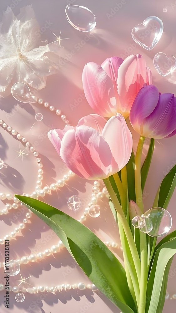 Obraz premium Colorful flowers on pink background with dots. Uses: wallpaper, cards, social media, stationery, art prints.