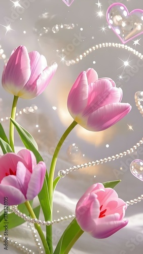 Colorful flowers on pink background with dots. Uses: wallpaper, cards, social media, stationery, art prints.