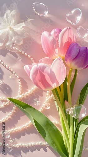 Colorful flowers on pink background with dots. Uses: wallpaper, cards, social media, stationery, art prints.