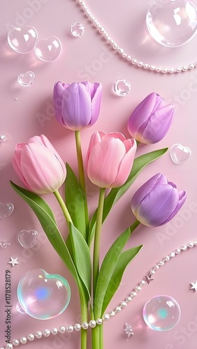 Colorful flowers on pink background with dots. 