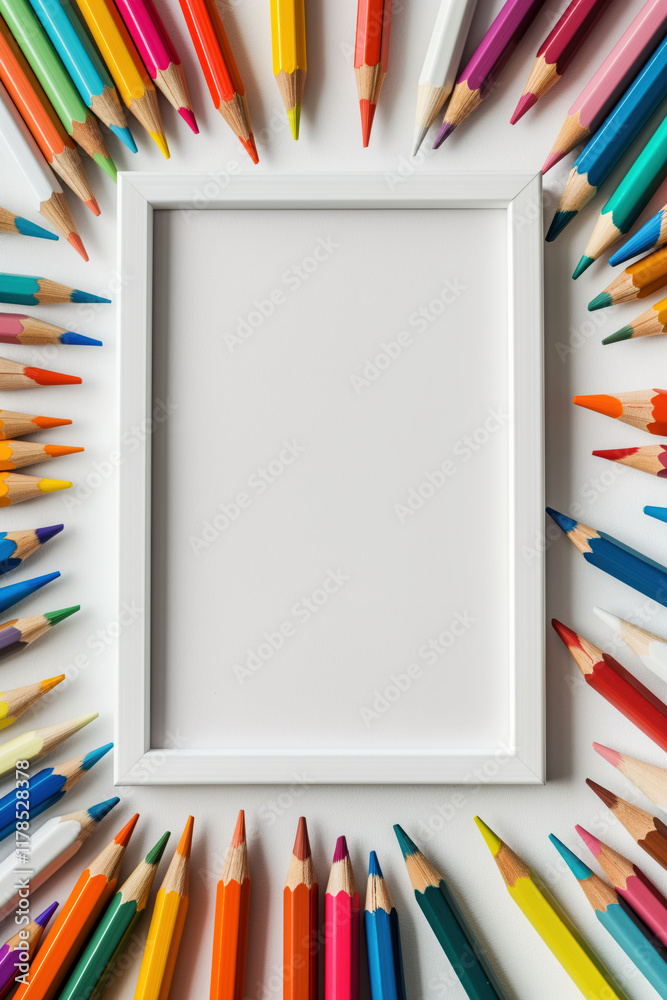 Fototapeta premium Blank white frame surrounded by colorful pencils and stationery for creative mockup design