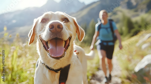 Happy dog running alongside its owner on sunny trail in nature