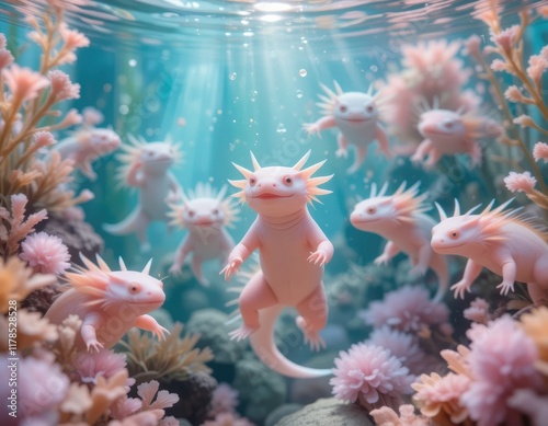 Cute axolotls underwater photo