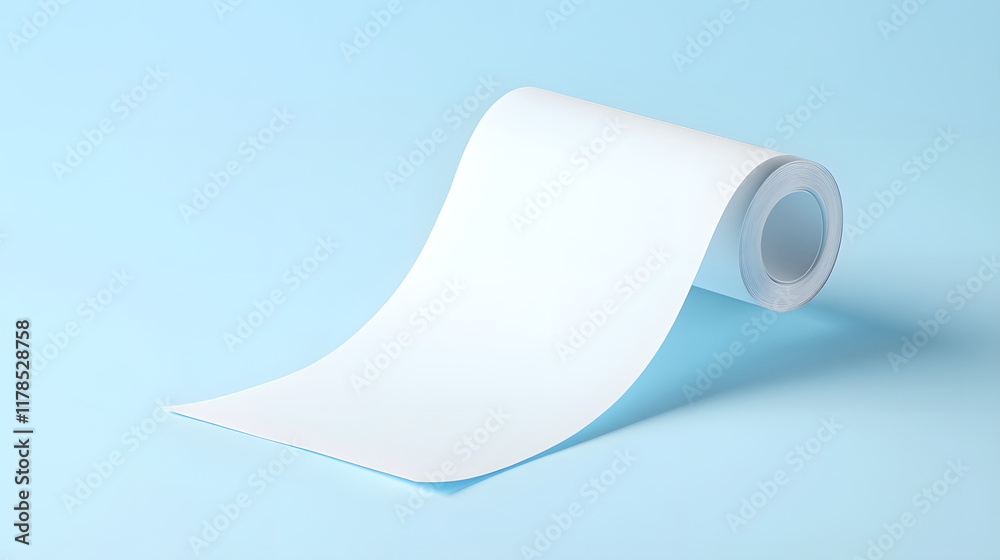 Blank roll of white paper on light blue background, ideal for design projects Blank roll of white paper on light blue background, ideal for design projects