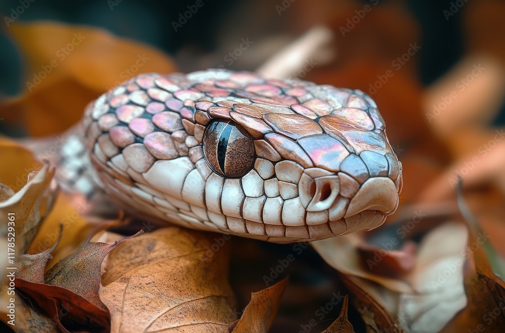 Detailed Close-Up of a Colorful Snake on Autumn Leaves Capturing the Beauty of Nature's Reptiles in Their Natural Habitat During the Fall Season Detailed Close-Up of a Colorful Snake on Autumn Leaves Capturing the Beauty of Nature's Reptiles in Their Natural Habitat During the Fall Season