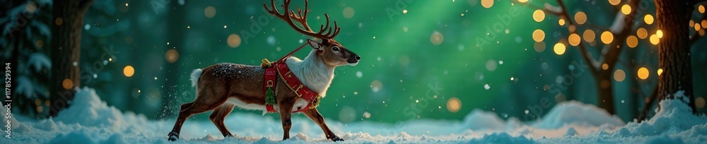 Reindeer in harness with festive holiday bells and lights, festive, green, ornaments Reindeer in harness with festive holiday bells and lights, festive, green, ornaments