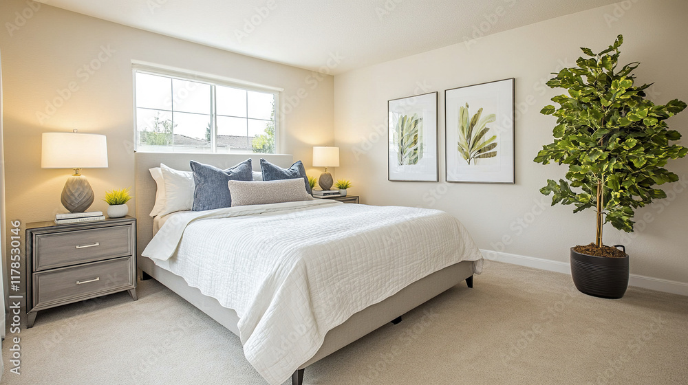 Modern bedroom with large bed and muted bedding Modern bedroom with large bed and muted bedding
