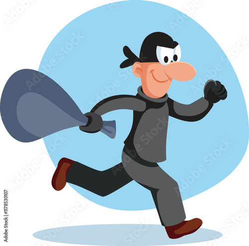 Thief Runs with Money Bag Vector Cartoon Illustration. Criminal carrying on robbery stealing bank cash 
