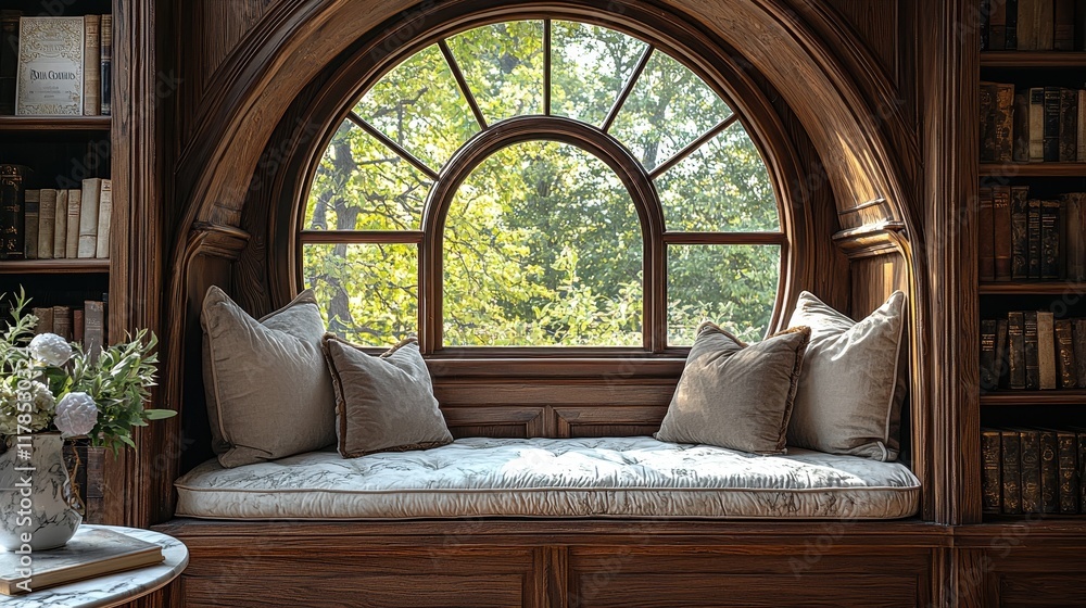 Fototapeta premium Serene Library Window Seat with Cushions Bookshelves and Natural Light