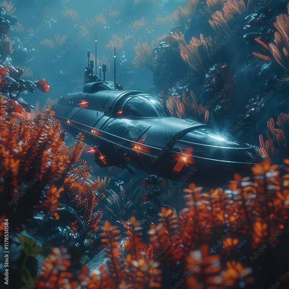 Immerse viewers in an otherworldly underwater realm where advanced tech meets vibrant watercolors Capture a sleek submarine gliding past surreal sea plants Immerse viewers in an otherworldly underwater realm where advanced tech meets vibrant watercolors Capture a sleek submarine gliding past surreal sea plants