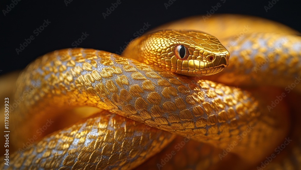 Golden serpent coiled elegantly with shimmering scales under soft light, showcasing intricate details of texture and color against a dark background Golden serpent coiled elegantly with shimmering scales under soft light, showcasing intricate details of texture and color against a dark background