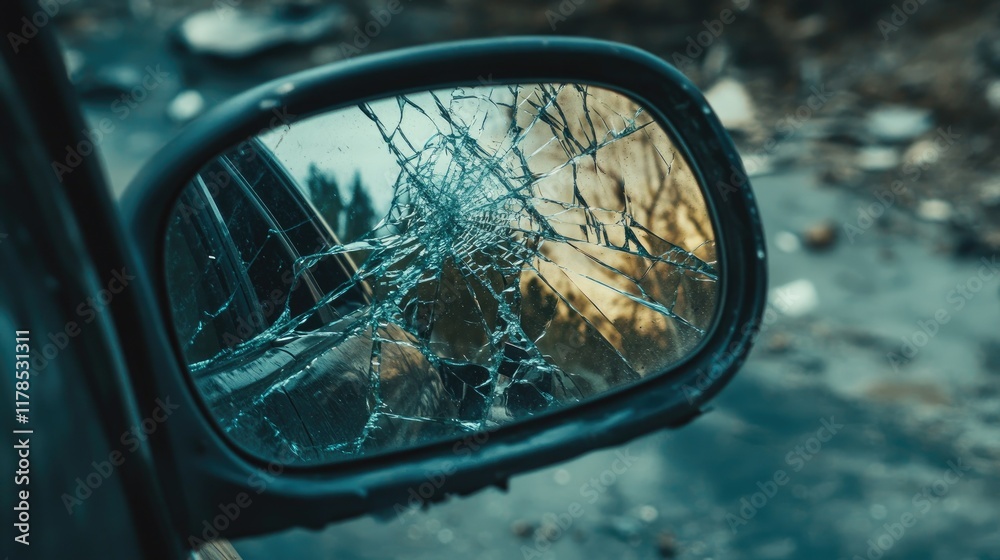 Close view of a broken car mirror reflecting the empty road, with shards of glass visible from the impact Close view of a broken car mirror reflecting the empty road, with shards of glass visible from the impact
