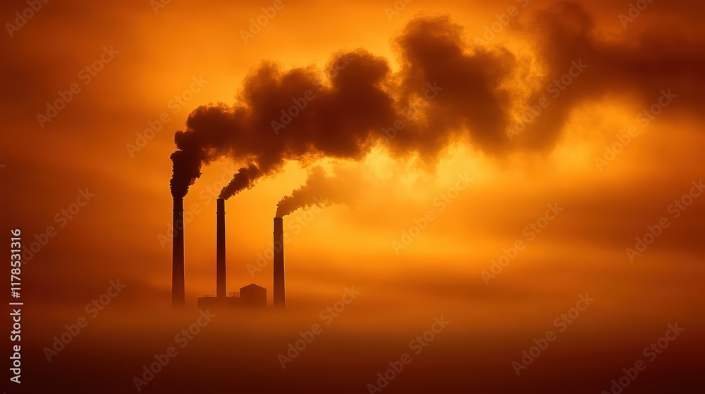 Obraz premium Smoke billows from industrial factory, a glimpse into manufacturing processes and environmental impact
