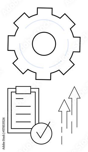 Gear for efficiency, checklist with a tick for planning, and upward arrows for growth. Ideal for productivity, goal-setting, workflow, progress, achievements, analytics abstract line flat metaphor