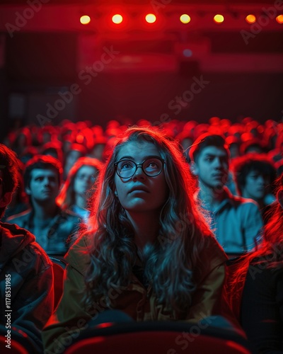 In a dim-lit theater, a diverse group of people passionately debate a provocative movie scene featuring polarizing themes Realistic, Spotlight,
