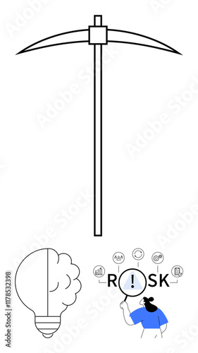 Pickaxe as metaphor for mining opportunities, lightbulb symbolizing creative ideas, and person assessing risk with magnifier. Ideal for problem-solving, discovery, creativity, decision-making