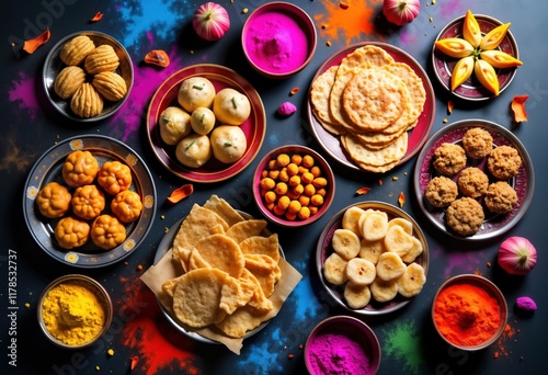 Colorful Indian Holi festival food spread. Assorted sweets pastries, snacks arranged on decorative plates. Colorful pigments, spices scattered around food items. Food items include sweets dumplings, photo