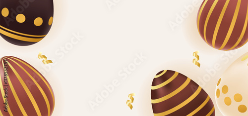 Happy Easter background realistic chocolate eggs with golden pattern. Holiday concept, template, layout, copy space. Vector illustration of brown, beige colors