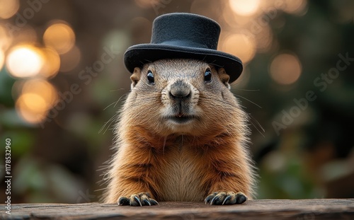 Groundhog wearing a top hat making an expressive pose photo