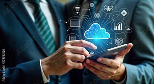 Wallpaper Mural Businessman uses smartphone showing virtual cloud computing tech transformation. Mobile phone interacts with global network of data, icons. Digital transformation. Cloud tech management with big data Torontodigital.ca