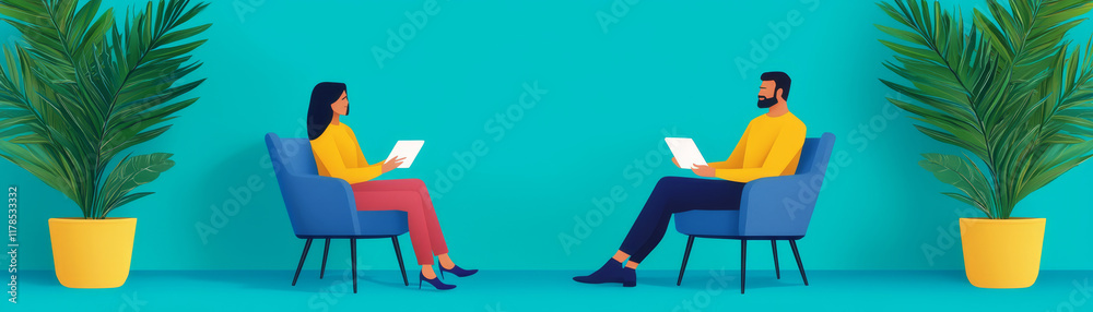 Two people sit in vibrant chairs, engaging with tablets, surrounded by lush greenery against a bright turquoise backdrop. Two people sit in vibrant chairs, engaging with tablets, surrounded by lush greenery against a bright turquoise backdrop.