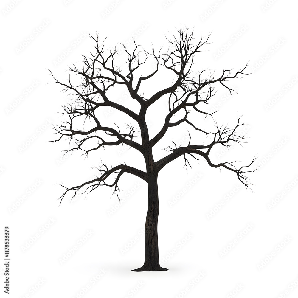 A beautifully textured 3D model of a leafless tree, its sprawling, intricate branches creating a delicate yet powerful silhouette. The aged and weathered bark of the trunk is rich with detail,