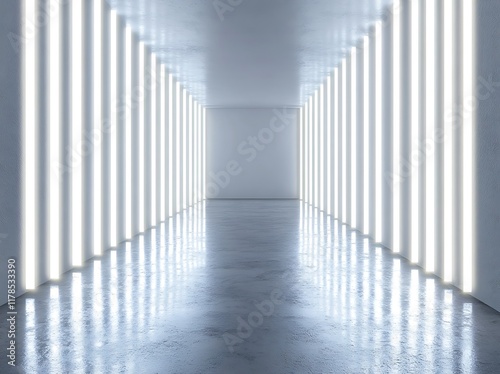 Neon-lit hallway in minimalist space