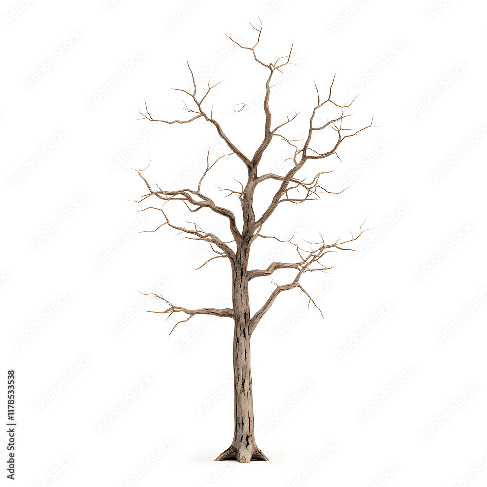 A hyper-realistic 3D model of a skeletal tree, its trunk split and aged with visible grooves and knots. The delicate but stark structure of the leafless branches creates a striking visual against a A hyper-realistic 3D model of a skeletal tree, its trunk split and aged with visible grooves and knots. The delicate but stark structure of the leafless branches creates a striking visual against a
