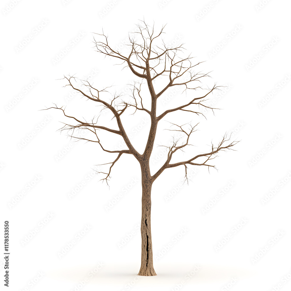 A hyper-realistic 3D model of a skeletal tree, its trunk split and aged with visible grooves and knots. The delicate but stark structure of the leafless branches creates a striking visual against a A hyper-realistic 3D model of a skeletal tree, its trunk split and aged with visible grooves and knots. The delicate but stark structure of the leafless branches creates a striking visual against a