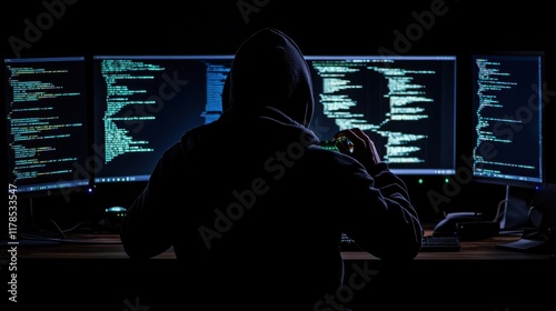 Mysterious Hacker Work Illuminated Code Multiple Monitor photo