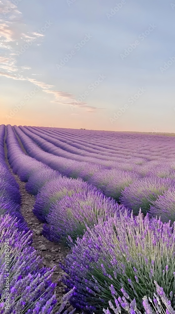 Obraz premium Tranquil lavender fields under a clear daytime sky, with rows of purple flowers stretching to the horizon. Captures the tranquility and beauty of nature
