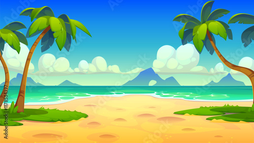 Cartoon tropical beach landscape at summer day vector background. Tropical sea island sand beach with green palm trees, sunny sky, ocean shore and blue water waves nature landscape game background
