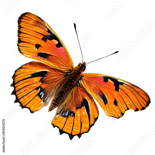 Orange colorful butterfly Danaus chrysippus Plain Tiger, African Monarch isolated on transparent, close-up, macro. Design element photo