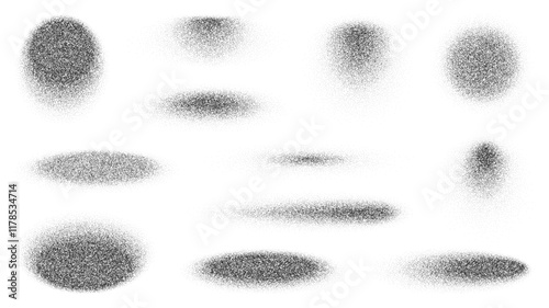 Circle and oval spray noise grain figures. Vector black white dot pattern abstract round shapes with sand texture, halftone gradient brush or dotwork shadow effects. Noise grain circle and oval shapes