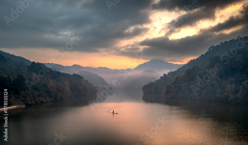 Fototapeta Naklejka Na Ścianę i Meble -  Sunrise on Ban Viet Lake in Cao Bang Province, Vietnam