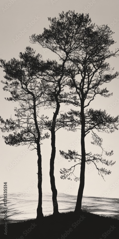 Discover a captivating silhouette of trees set against a tranquil background, evoking peace and serenity in this stunning monochromatic art piece. Discover a captivating silhouette of trees set against a tranquil background, evoking peace and serenity in this stunning monochromatic art piece.