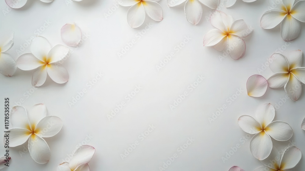 Fototapeta premium Elegant Plumeria flowers arranged on a bright white background, leaving plenty of copy space for text or designs