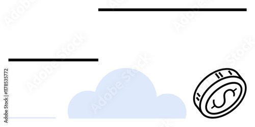 Blue cloud shape with a coin featuring a dollar sign above. Ideal for finance, technology, cloud computing, investments, digital currency, savings, fintech. Line metaphor