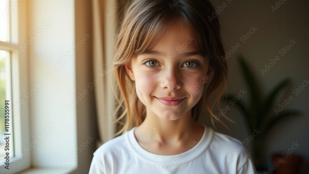 A bright-eyed young girl gazes directly into the lens, her gentle smile and soft features framed by light brown locks and subtle eyeshadow, set against a crisp white backdrop A bright-eyed young girl gazes directly into the lens, her gentle smile and soft features framed by light brown locks and subtle eyeshadow, set against a crisp white backdrop
