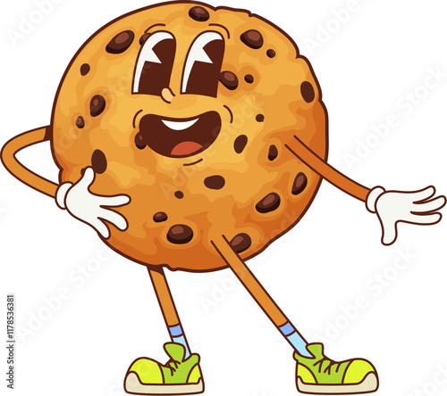 Cartoon cookie character full of groovy vibes. Isolated vector round cookie with chocolate chips with a playful expression, colorful sneakers, and a cheeky pose, ready for sweet bakery adventures