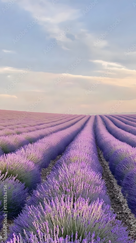 Fototapeta premium Tranquil lavender fields under a clear daytime sky, with rows of purple flowers stretching to the horizon. Captures the tranquility and beauty of nature