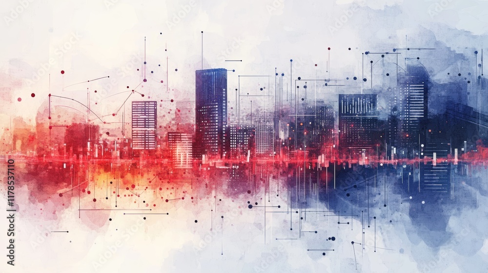 Naklejka premium Digital Watercolor Illustration of Urban Skyline with Abstract Lines and Patterns